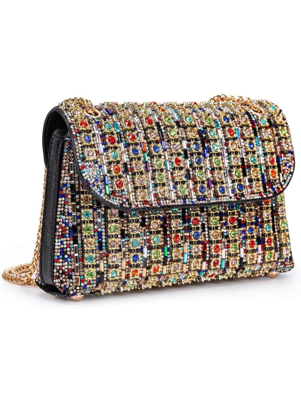 Women Colorful Rhinestone Evening Clutch Bag with Chain Strap Shoulder Purse